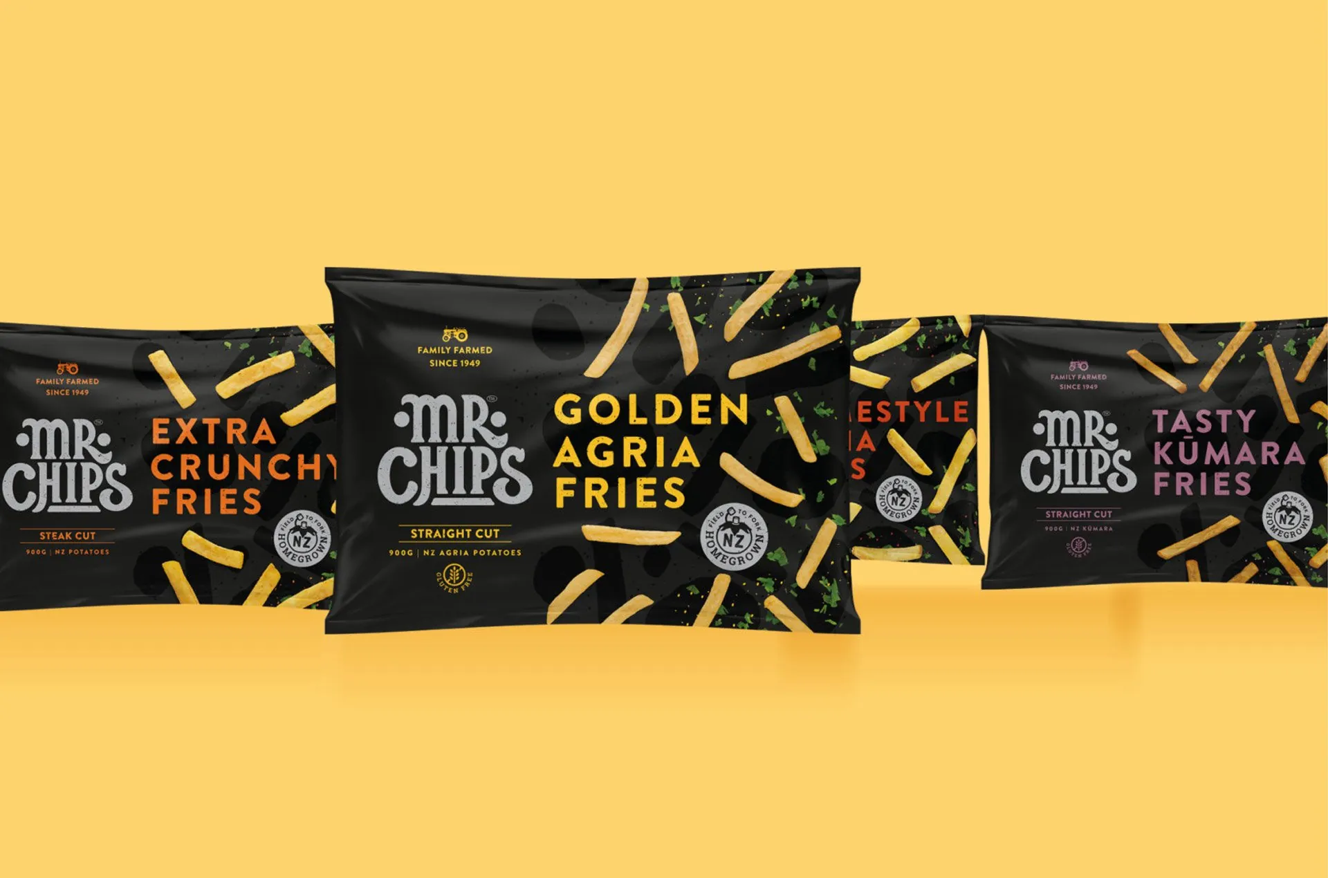 Social Media creative: Package of Mr Chips French fries varieties including Extra Crunchy, Golden Agria, and Tasty Kumara flavors on a yellow background.